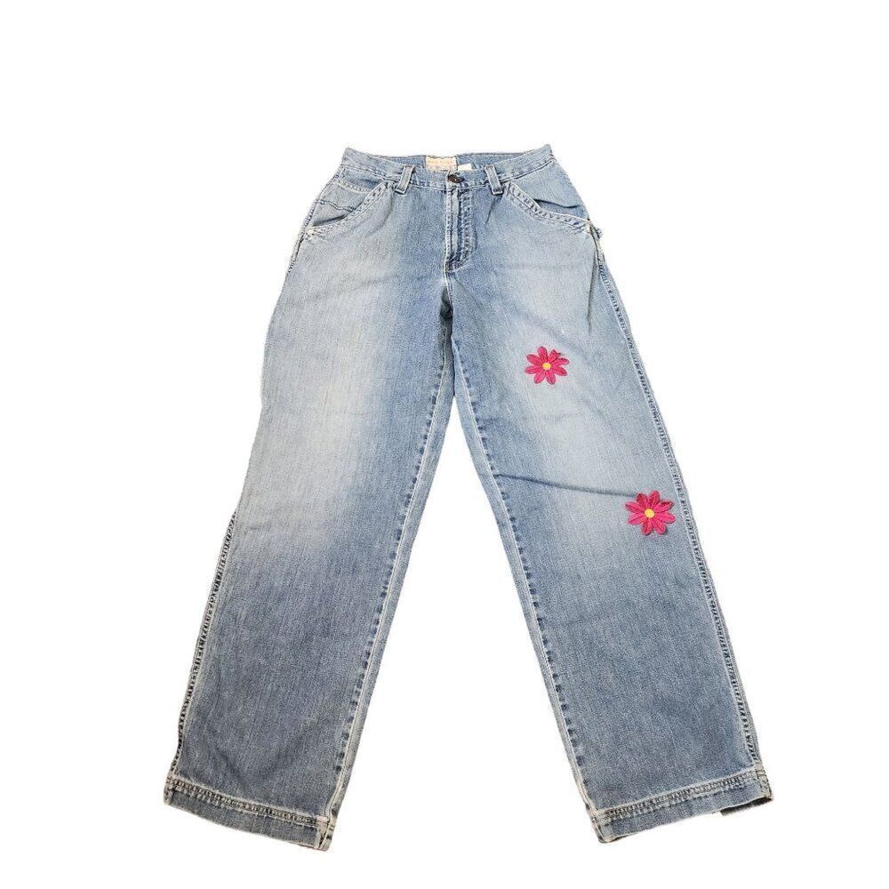 Vintage 90s Old Navy Wide Leg Painters Jeans Pink Daisy Applique Womens 32 Blue